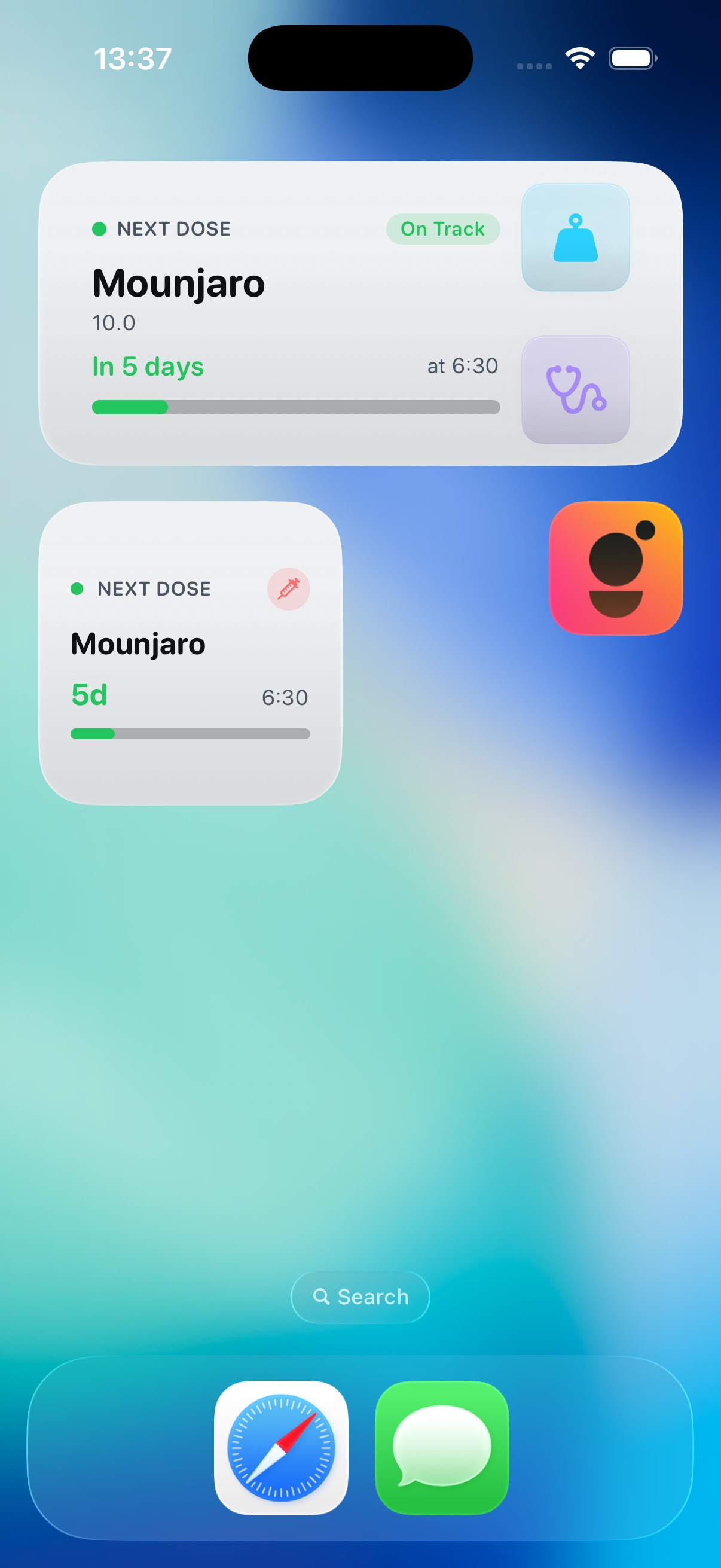 Home Screen widgets showing next dose countdown