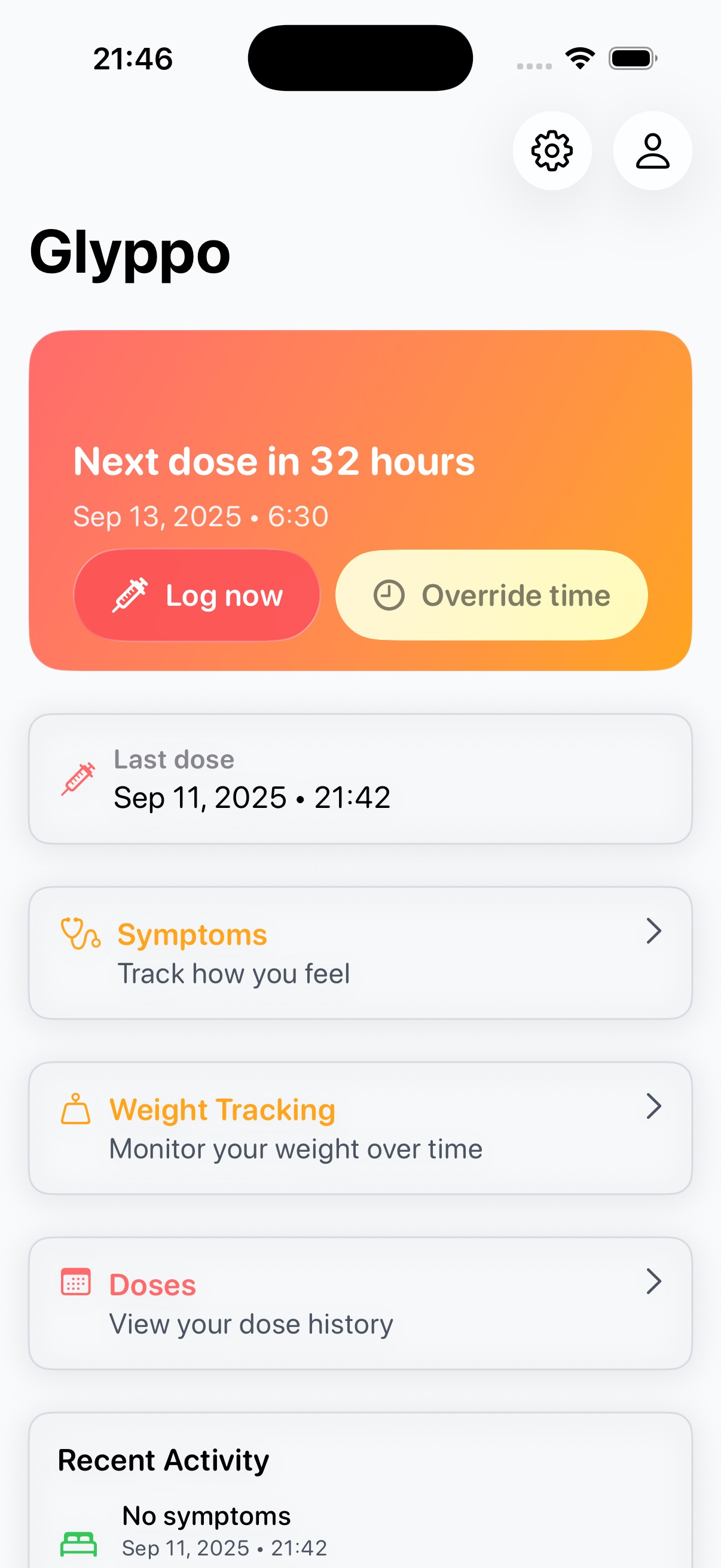 Glyppo main timeline with next dose and recent activity